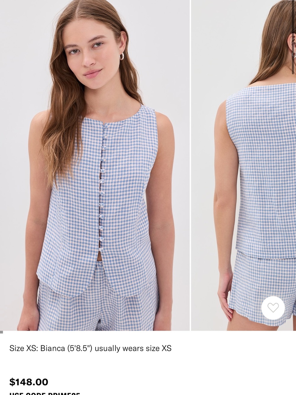 Reformation Blue and White Gingham Sleeveless Button Front Tank